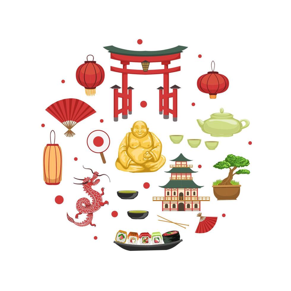 Symbols of Japan, Traditional Cultural Signs, Landmarks and Food of Round Shape Illustration vector