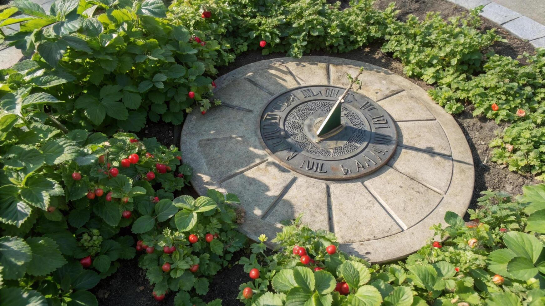 A circular clock in a flower bed surrounded by plants photo