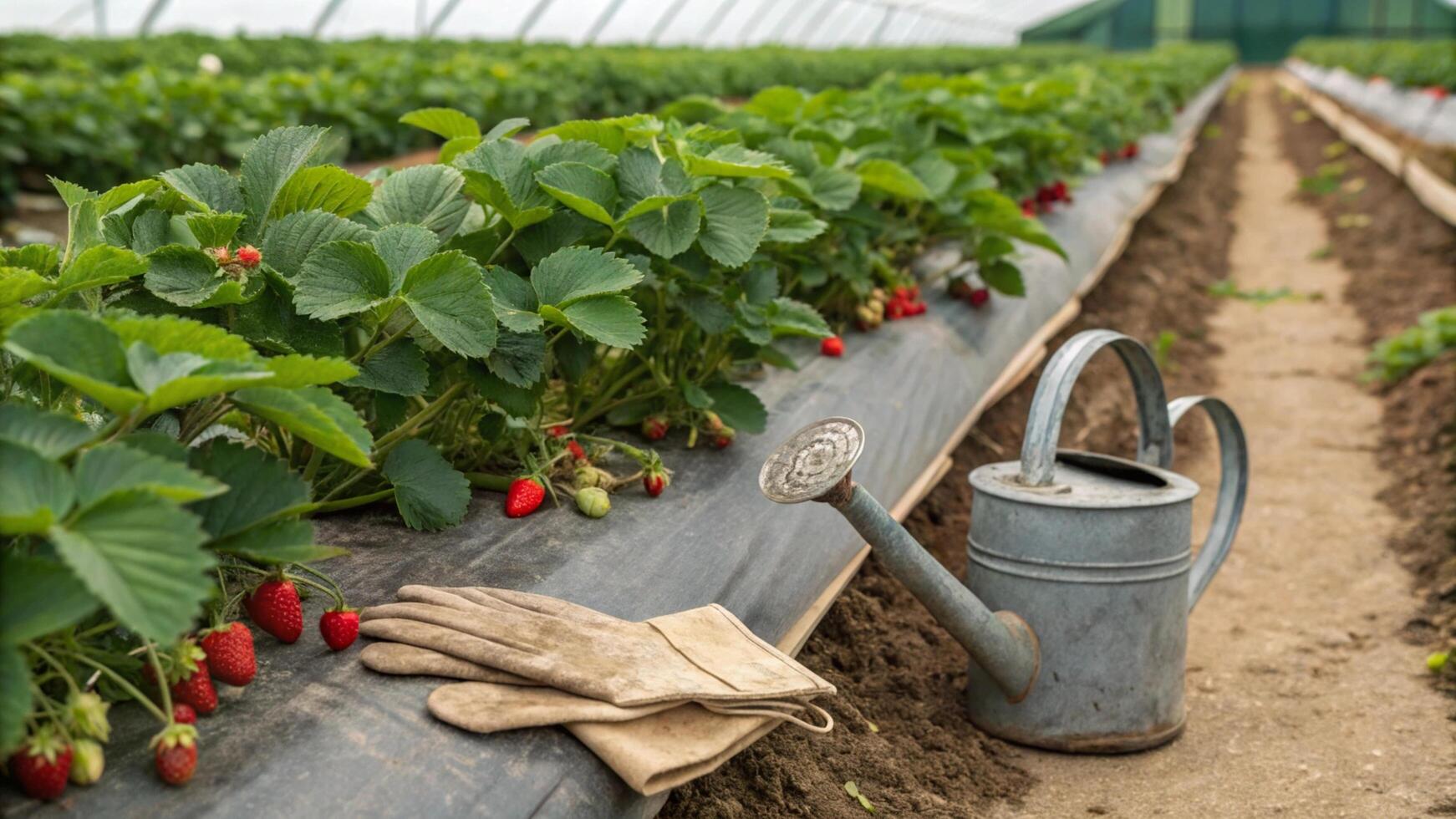 A strawberry farm with a watering can and gloves photo