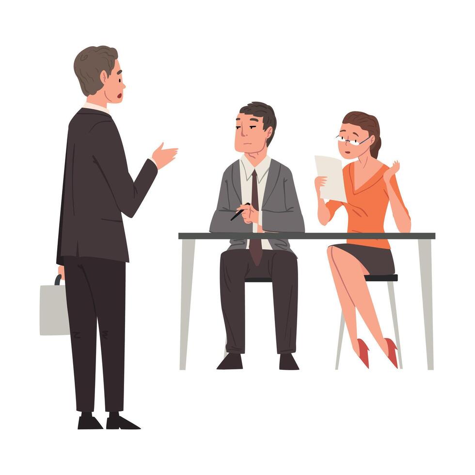 HR Managers Talking with Male Candidate, Businessman Having Job Interview at Headhunting Company, Business Meeting Illustration vector