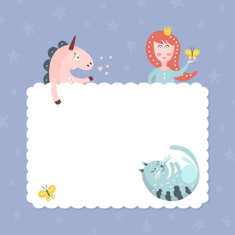 Cute Fairy Tale Characters with White Empty Banner, Lovely Princess with Butterfly, Unicorn and Sleeping Cat with Blank Sign Board Illustration vector