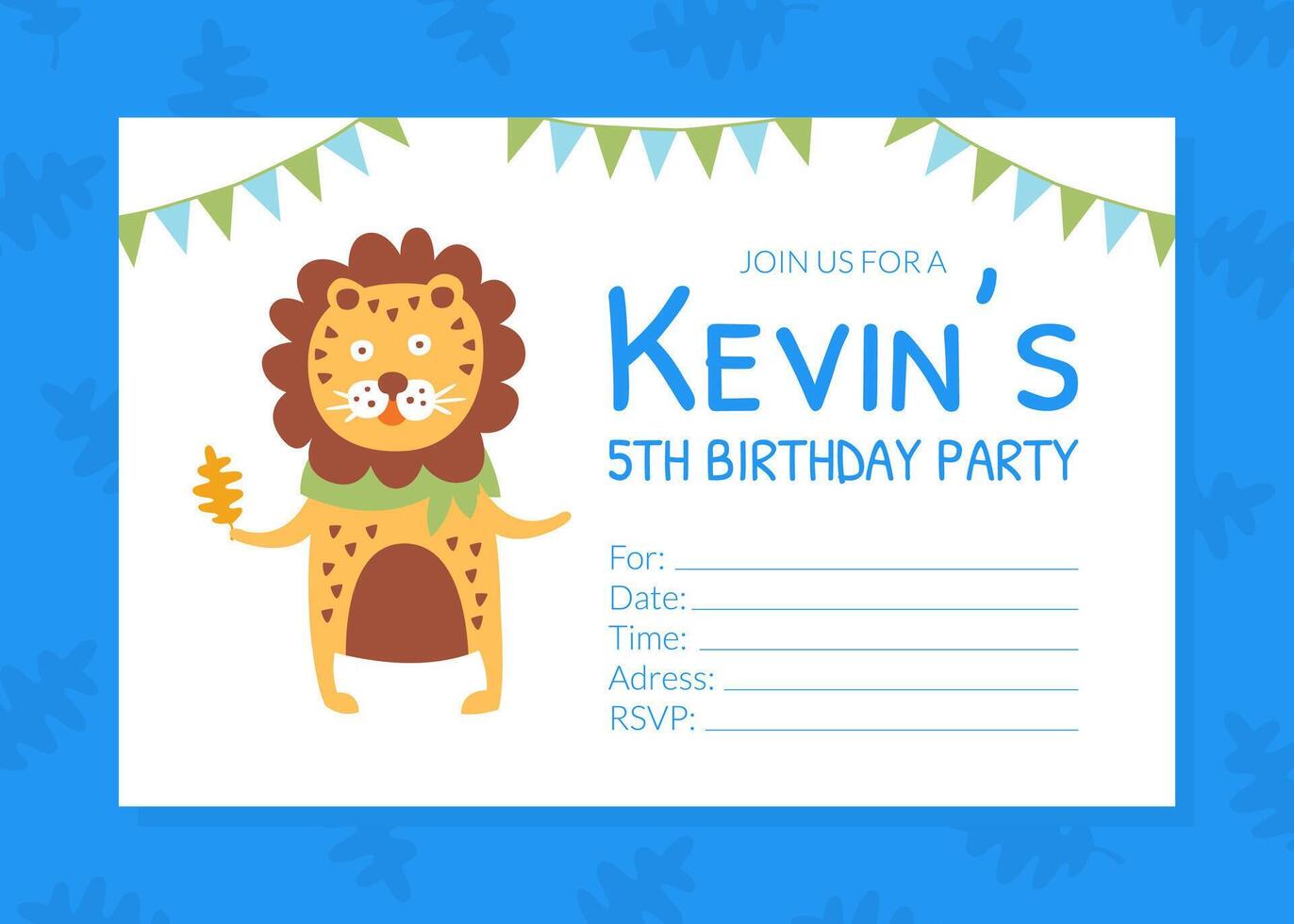 Birthday Party Blue Invitation Card, Flyer Template with Cute Lion Animal Illustration vector