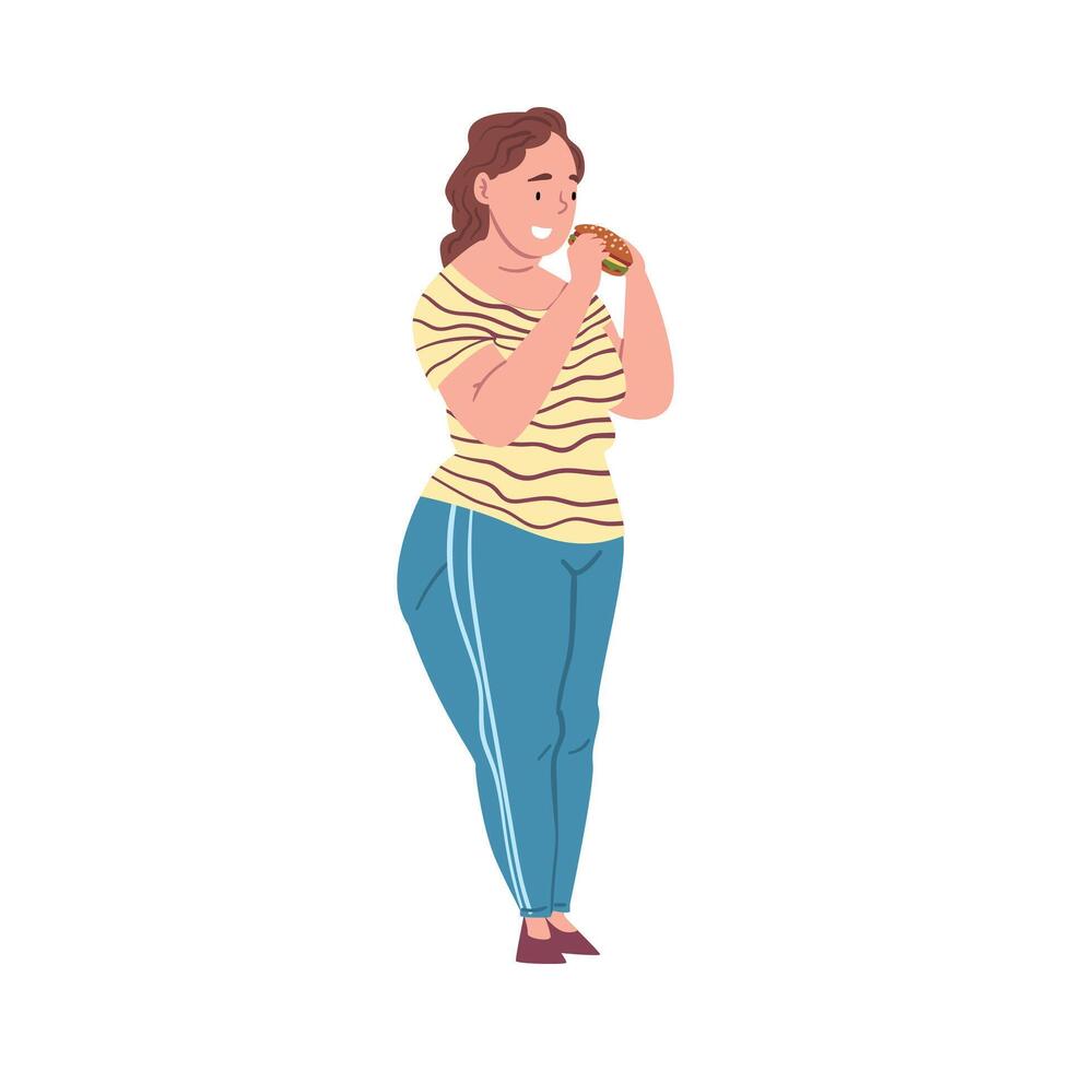 Plump Woman Eating Burger, Plus Size Woman Enjoying of Fast Food Dish, Unhealthy Lifestyle Illustration vector