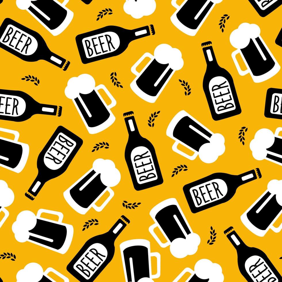 Beer Bottles and Mugs Seamless Pattern, Brewery, Bub, Bar, Restaurant Design Element Can Be Used for Fabric, Packaging, Background Illustration vector