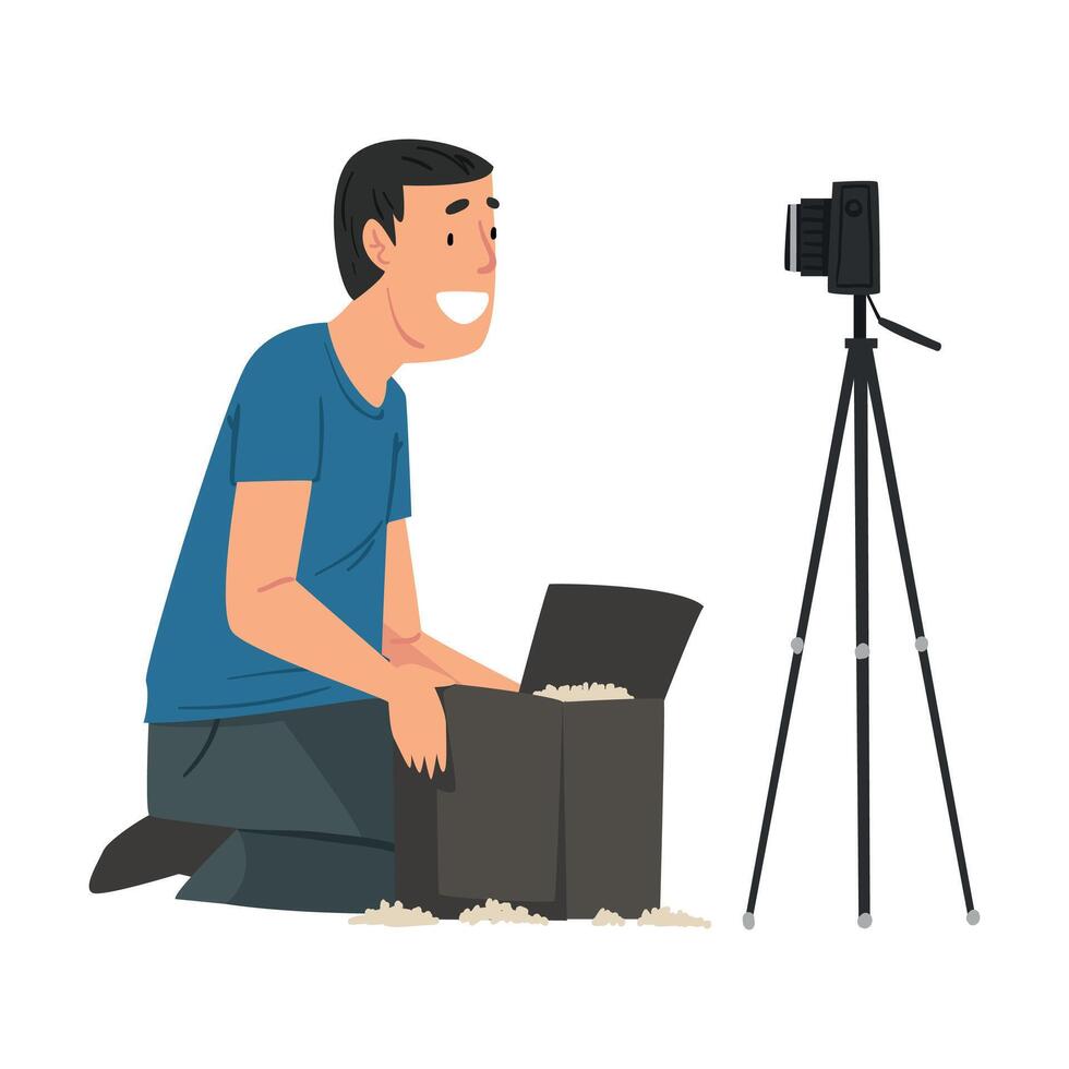 Male Blogger Unboxing Purchase, Online Parcel Unpacking Cartoon Illustration vector