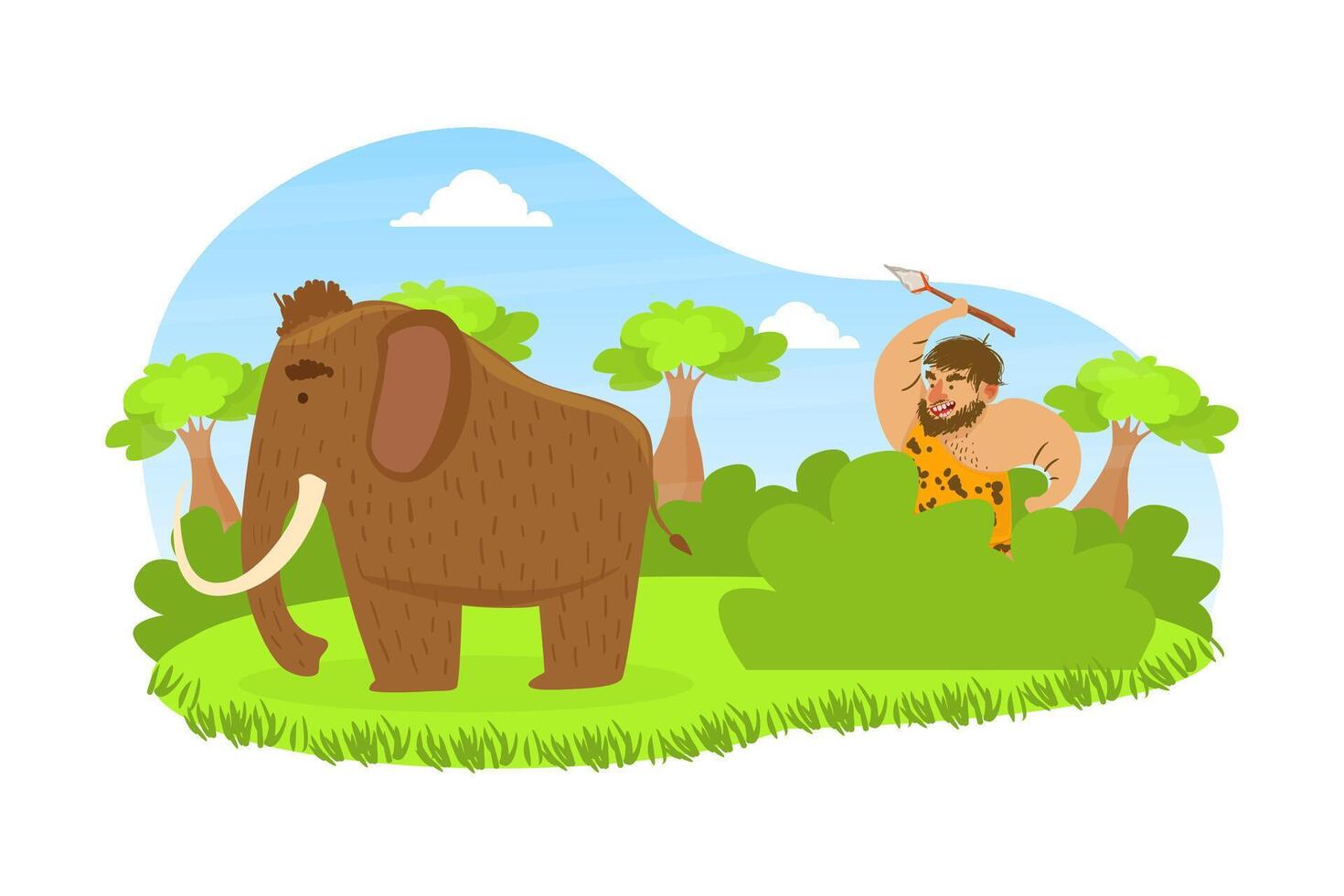 Prehistoric Caveman Sitting in Ambush with Spear, Primitive Man Hunting for Mammoth on Stone Age Natural Landscape Illustration vector