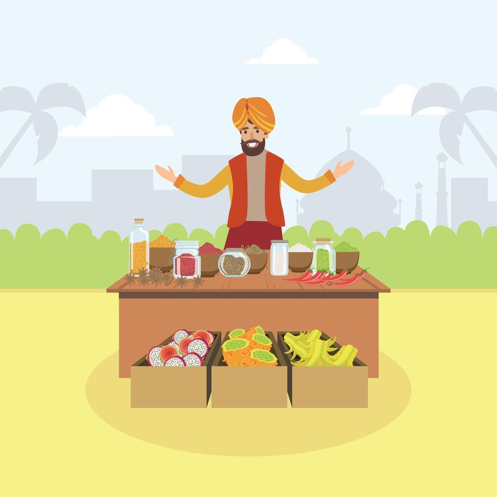 Indian Man Selling Spices and Fruits at Marketplace Illustration vector