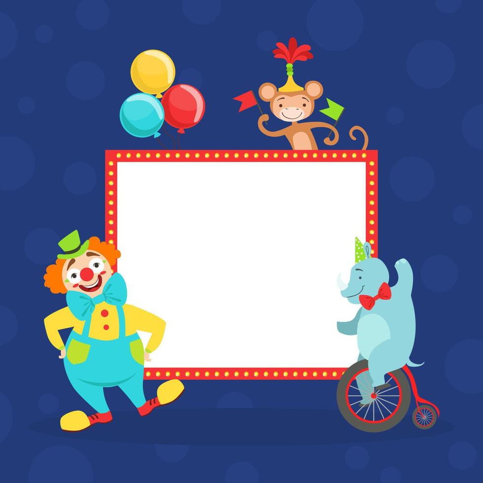 Funny Cheerful Clown and Animals and White Empty Banner, Cute Circus Performers with Blank Sign Board Illustration vector