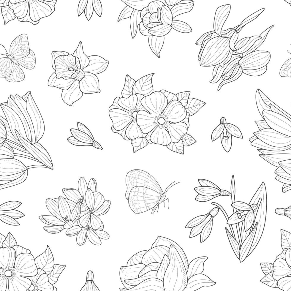 Spring Flowers Seamless Pattern, Wild Meadow Plants and Leaves, Floral Hand Drawn Design Element Can Be Used for Fabric, Wallpaper, Packaging, Web Page Illustration vector