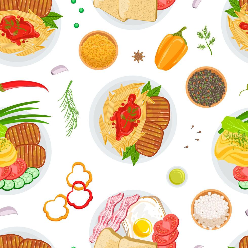 Healthy Delicious Food Seamless Pattern, Grilled Meat and Vegetables Design Element Can Be Used for Fabric, Wallpaper, Packaging, Web Page, Wrapping Paper Illustration vector