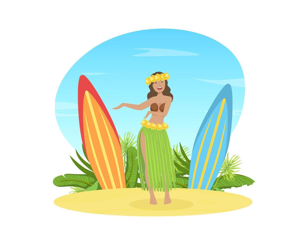 Beautiful Hawaiian Young Woman in Traditional Skirt of Leaves and Flower Wreath Dancing on Tropical Beach Illustration vector