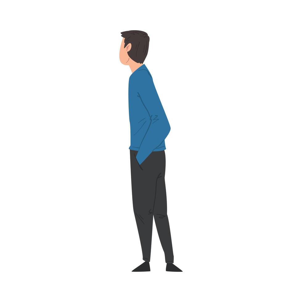 Young Man in Casual Clothes Standing and Looking Back, Side View Illustration vector
