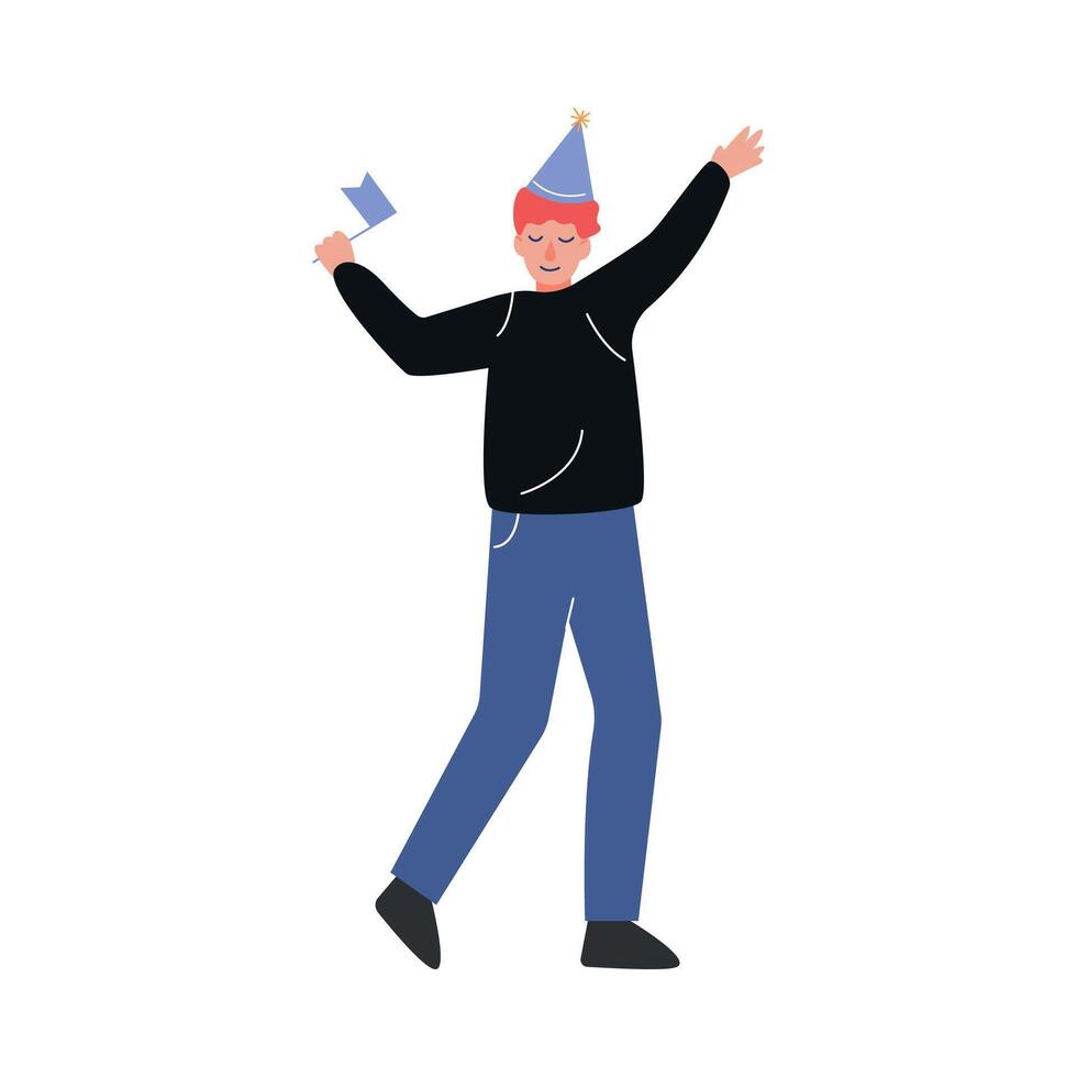 Teen Boy Wearing Cone Hat Celebrating Birthday with Party Flag, Teenager Having Festive Party Illustration vector