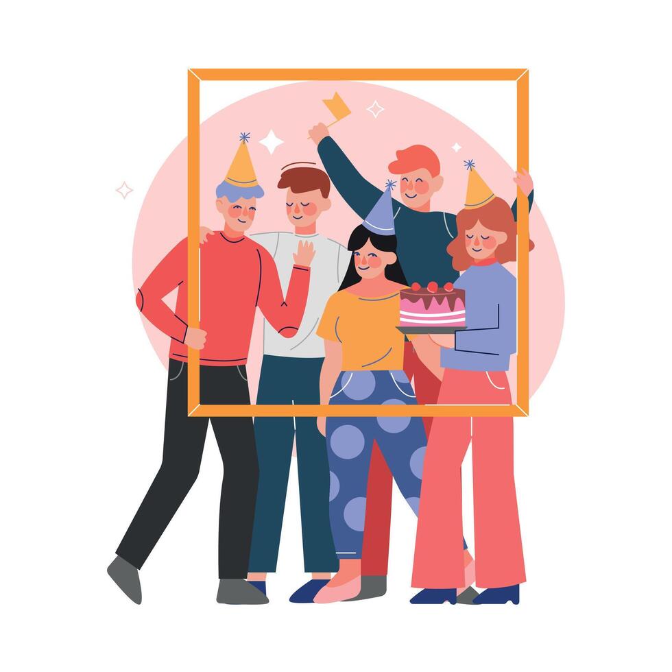 Group of Friends Holding Portrait Frame Set, Happy Young People Wearing Party Hats Celebrating Birthday with Cake Illustration vector