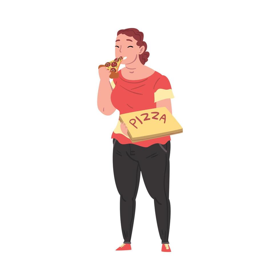 Cheerful Plump Woman Eating Pizza, Plus Size Woman in Casual Clothes Enjoying of Fast Food Dish, Unhealthy Lifestyle, Body Positive Concept Illustration vector