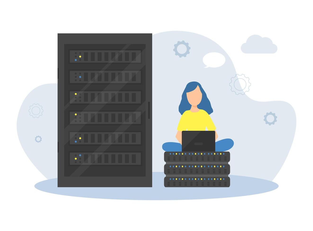 Young Woman Programmer Working with Computer in Server Room, Female System Administrator Monitoring the Operation of Servers Illustration vector