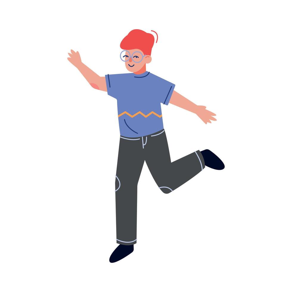 Teenager Boy Happily Jumping, Emotional Schoolboy Wearing Casual Clothes and Glasses Having Fun Illustration vector