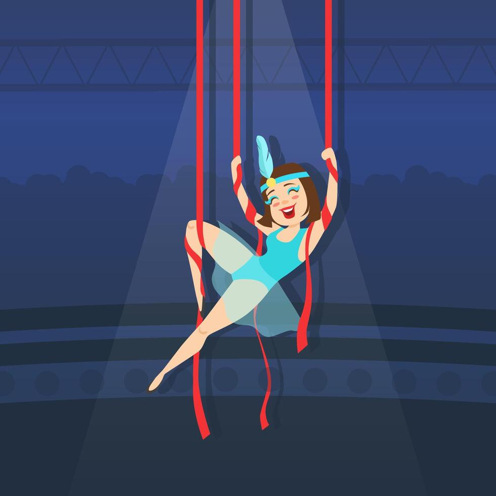 Circus Air Gymnast Performing with Ribbons, Beautiful Girl Aerialist in Vintage Costume Illustration vector