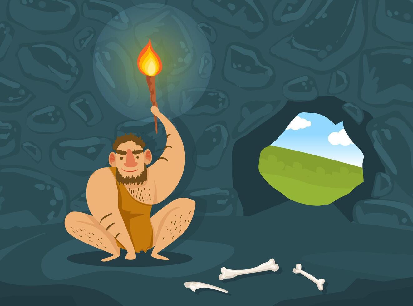 Prehistoric Caveman in Animal Skin Sitting in Dark Cave with Burning Torch, Primitive Man Character Illustration vector