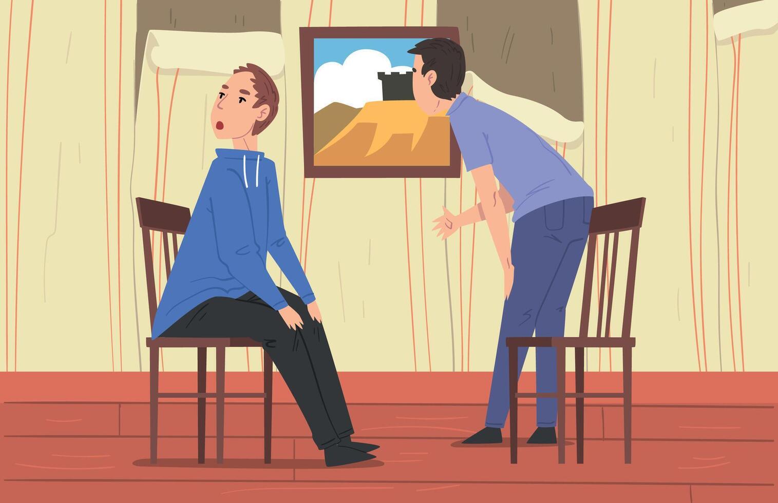 Escape Room with People Trying to Solve Puzzle in Old Room Interior, Entertainment, Investigation Game Concept Illustration vector