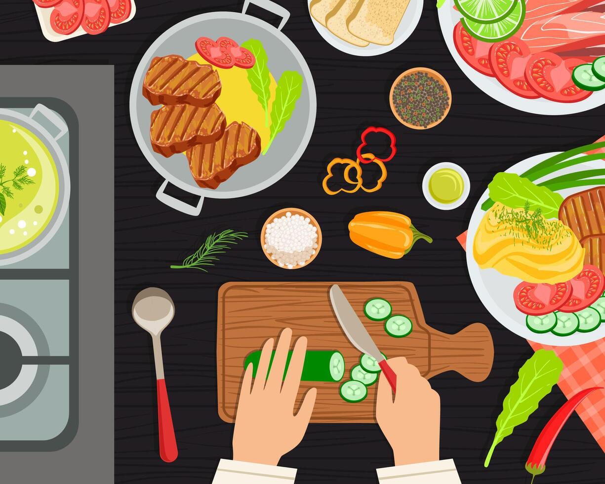 Chef Cook Preparing Food, Top View of Kitchen Table with Chefs Hands and Healthy Delicious Dishes Banner Illustration vector