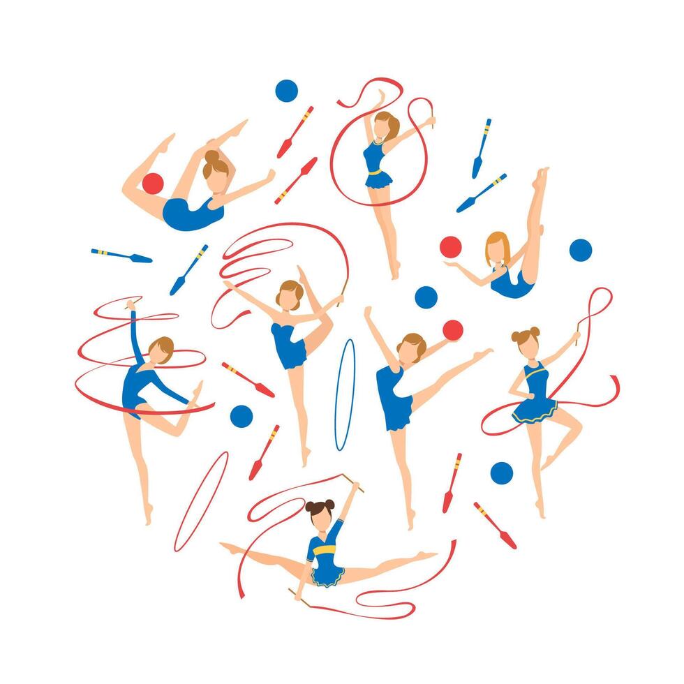 Gymnastics Banner Template, Round Shape Pattern of Professional Female Gymnasts Exercising with Ribbons Illustration vector