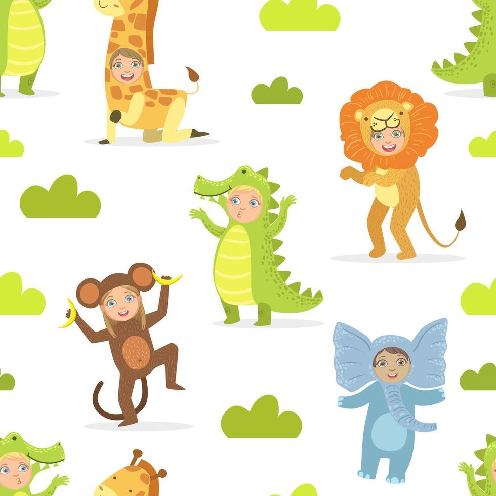 Cute Kids in African Animals Costumes Seamless Pattern, Birthday Party, Masquerade Design Element illustration vector