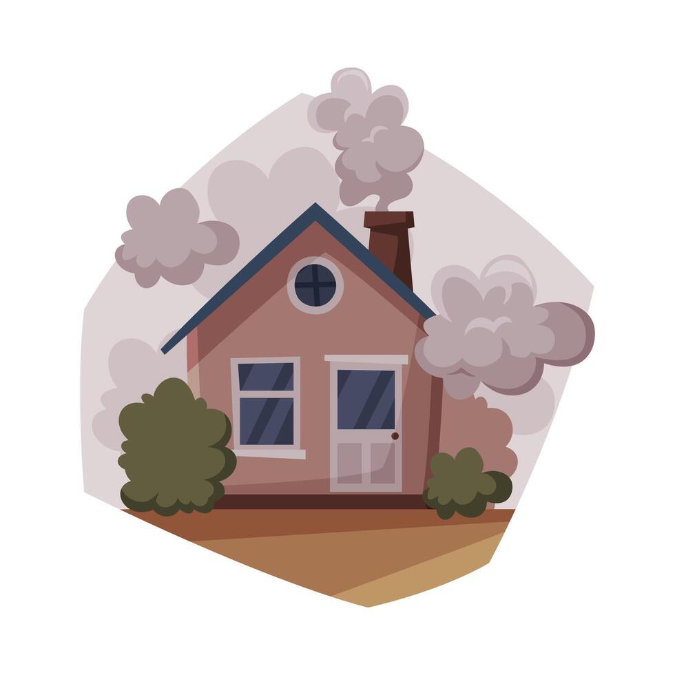 Cottage with Smoke Coming out from Chimney, Ecological Problem, Air Pollution Illustration vector