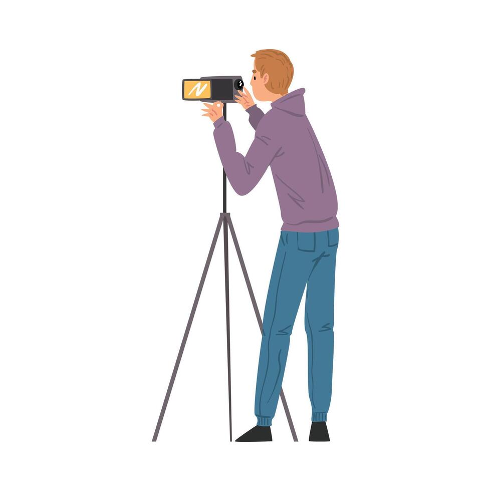 Male Operator Looking Through Camcorder on Tripod, Videographer with Professional Camera, Film Scene or Blog Recording Process Cartoon Illustration vector