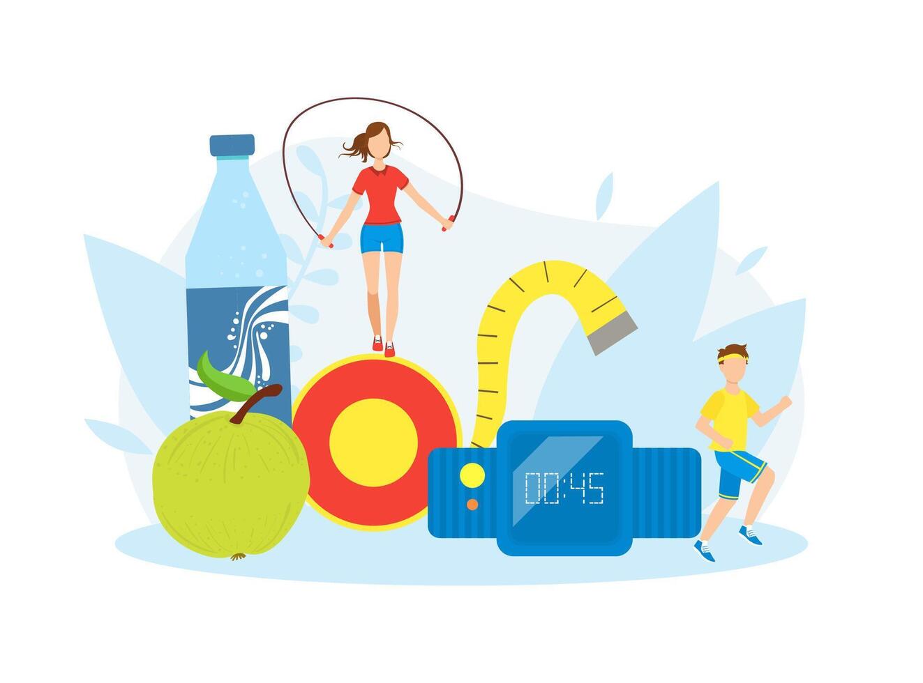 Healthy Lifestyle, Tiny People Doing Exercises with Sports Equipment, Maintaining Balanced Diet Illustration vector