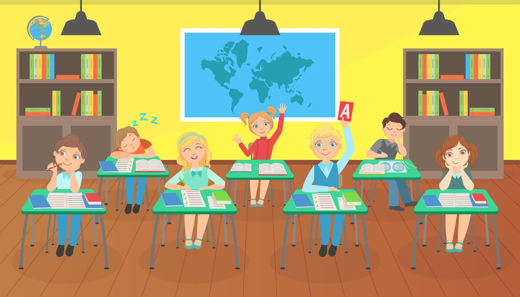School Children Learning at Classroom, Little Students Sitting at Desks at School Lesson Illustration vector