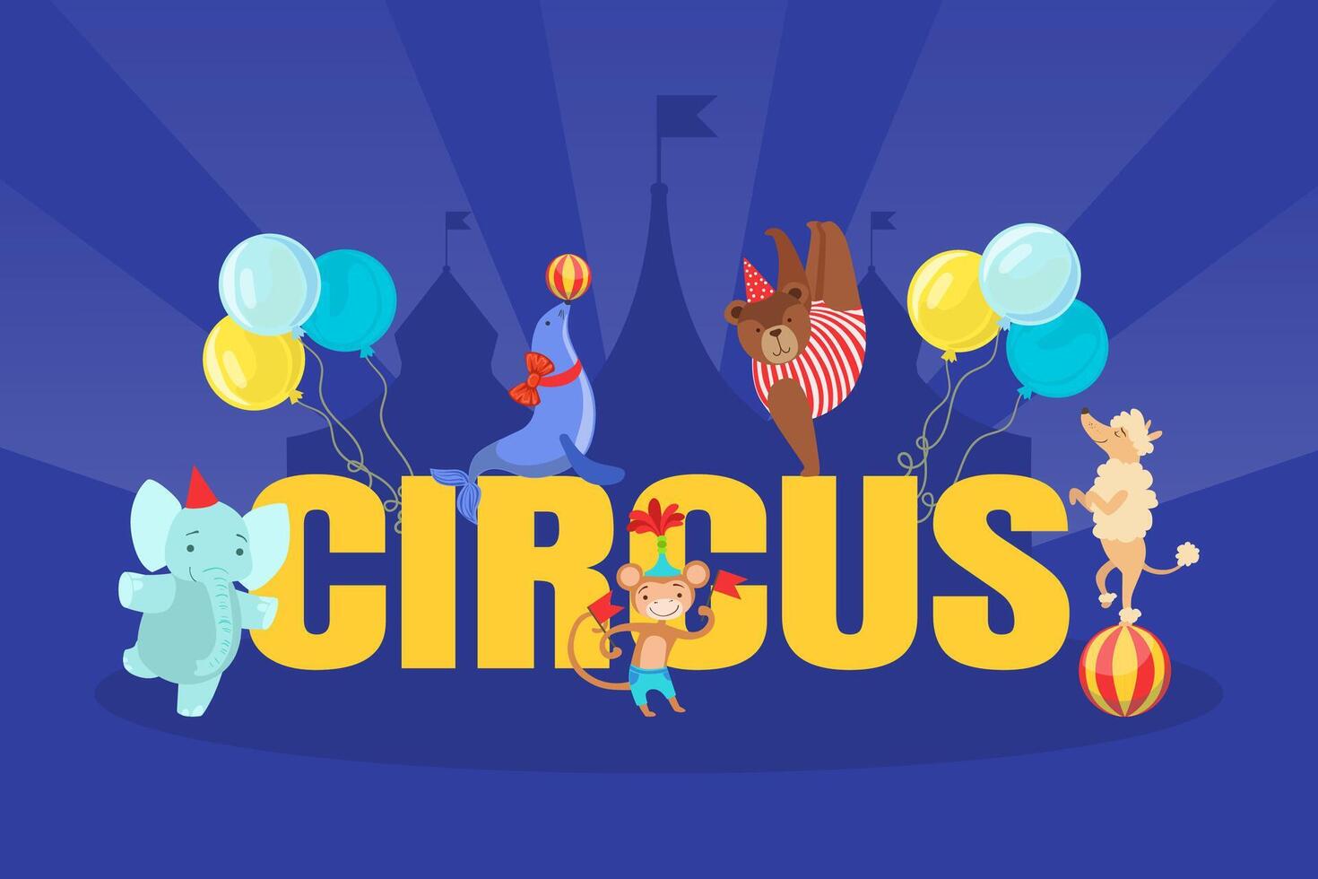 Circus Banner Template with Cute Funny Animals Performing at Circus Carnival Show Poster, Invitation Card, Flyer Design Illustration vector