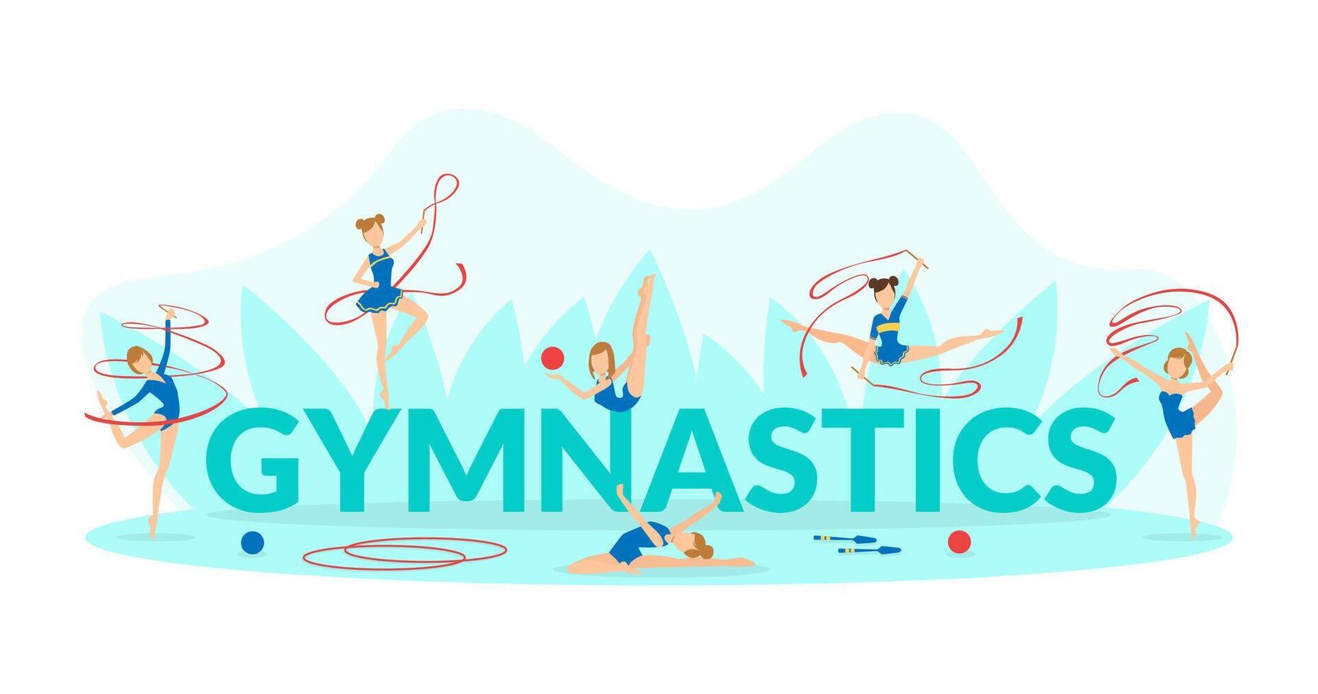 Gymnastics Banner Template, Flexible Professional Female Gymnasts Exercising with Ribbons, Balls and Hoops Illustration vector
