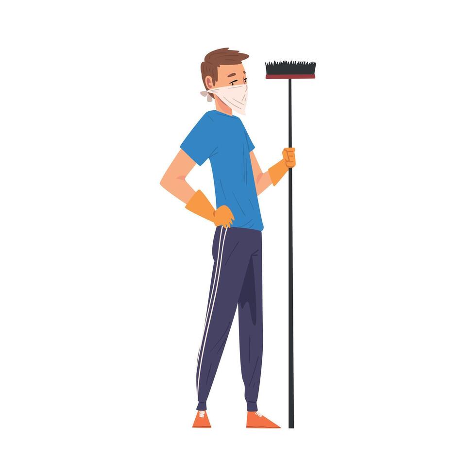 Man in Protective Mask Standing with Broom, Household Activity, Housekeeping, Everyday Duties and Chores Cartoon Illustration vector
