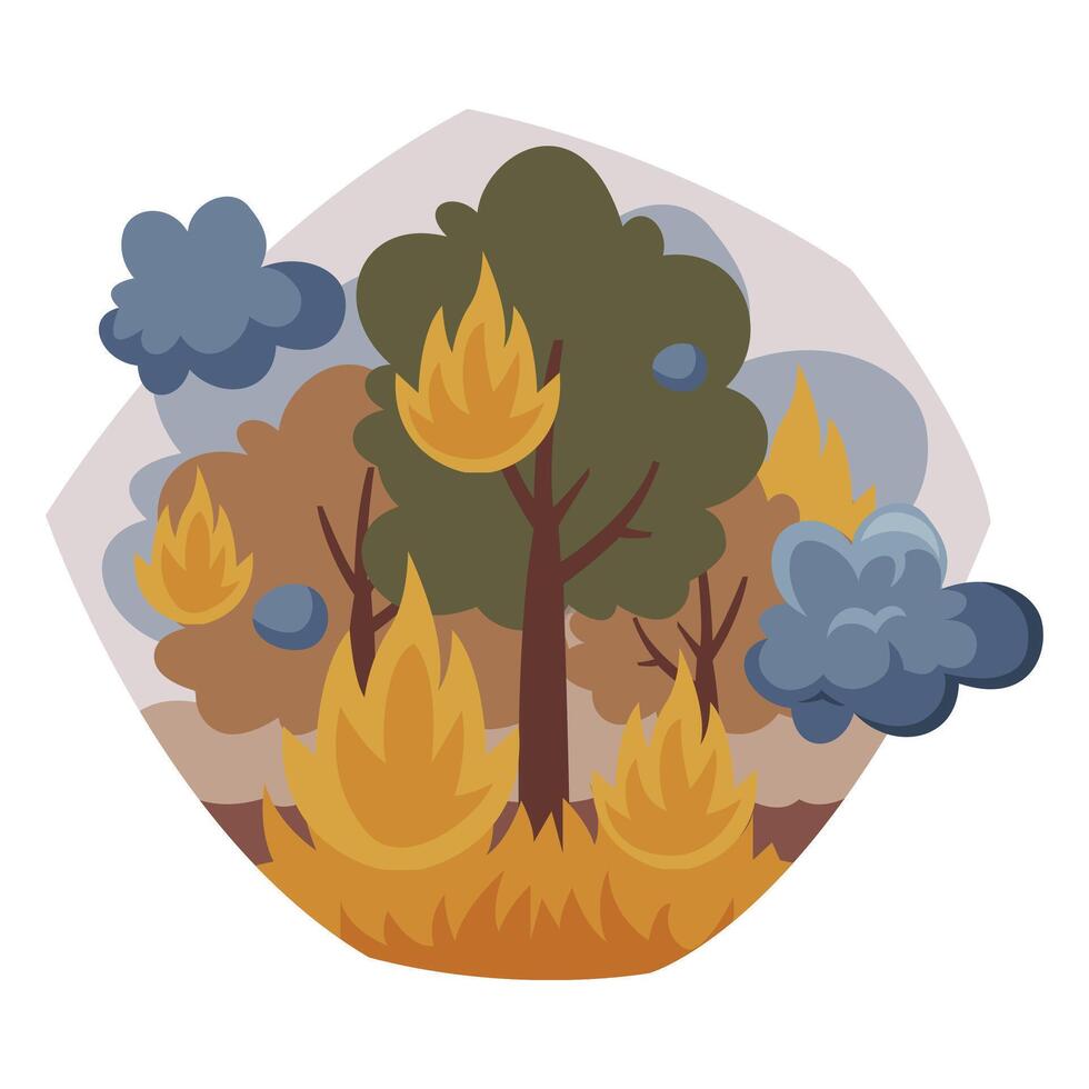 Burning Forest, Tree in Fire Flame, Nature Disaster, Ecological Problem, Air Pollution Illustration vector