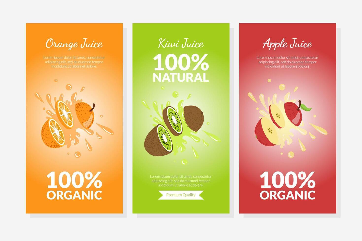 Orange, Kiwi and Apple Juice Vertical Banner Templates Set, Fruit Labels in Juice Splashes Illustration vector