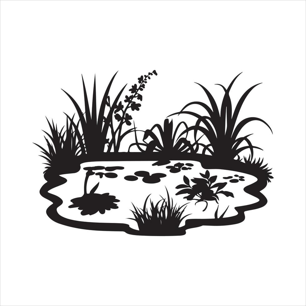 A black and white illustration of a pond with plants and water lilies vector