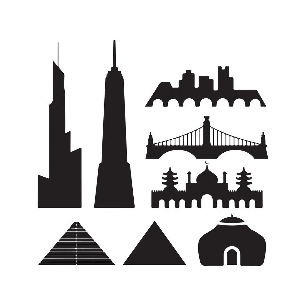 A set of black silhouettes of buildings and landmarks vector