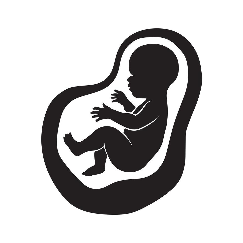 A black and white silhouette of a baby in a womb vector