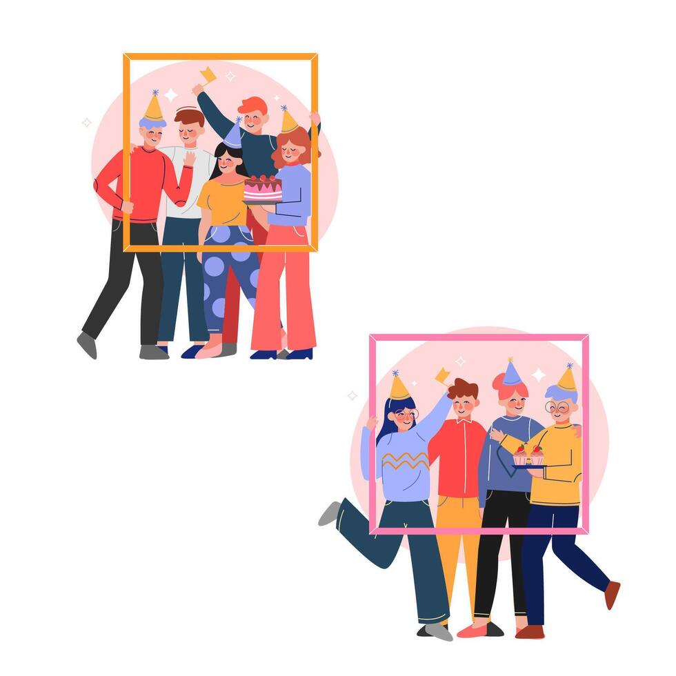 Group of Friends Holding Portrait Frame Set, Young People Wearing Party Hats Celebrating Birthday, Girls and Guys Having Festive Party Illustration vector