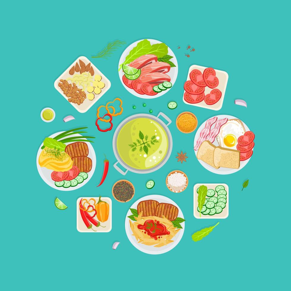 Delicious Food Banner Template with Fresh Tasty Meal Dishes of Round Shape Frame Illustration vector
