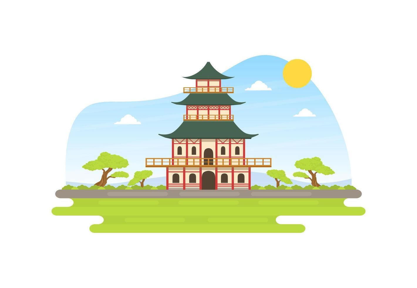 Japanese Pagoda at Spring Natural Landscape, Asian Temple Illustration vector