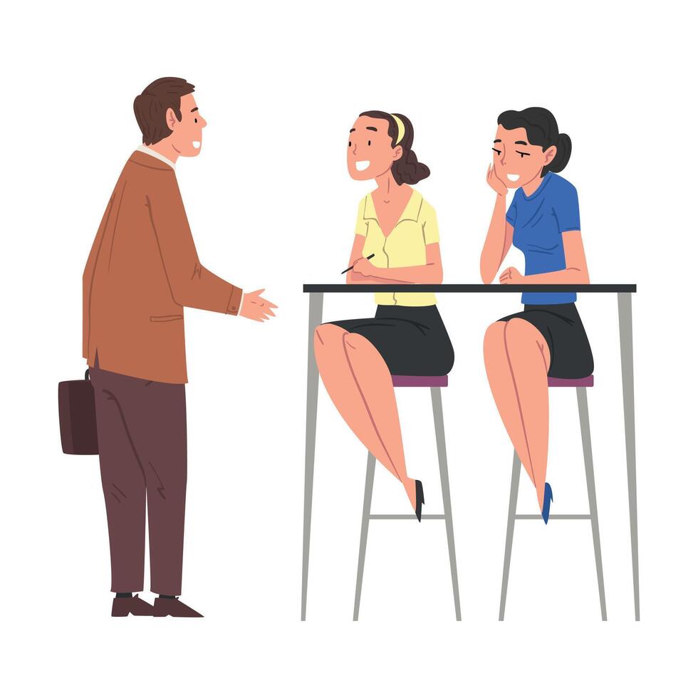 Man Having Job Interview, Girls Talking with Candidate, Recruitment and Employment Service Process Illustration vector