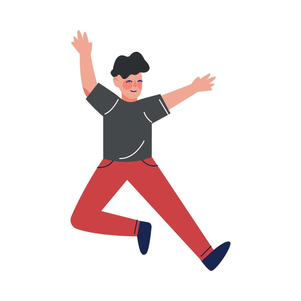 Teen Boy in Casual Clothes Happily Jumping, Excited Schoolboy Having Fun Illustration vector