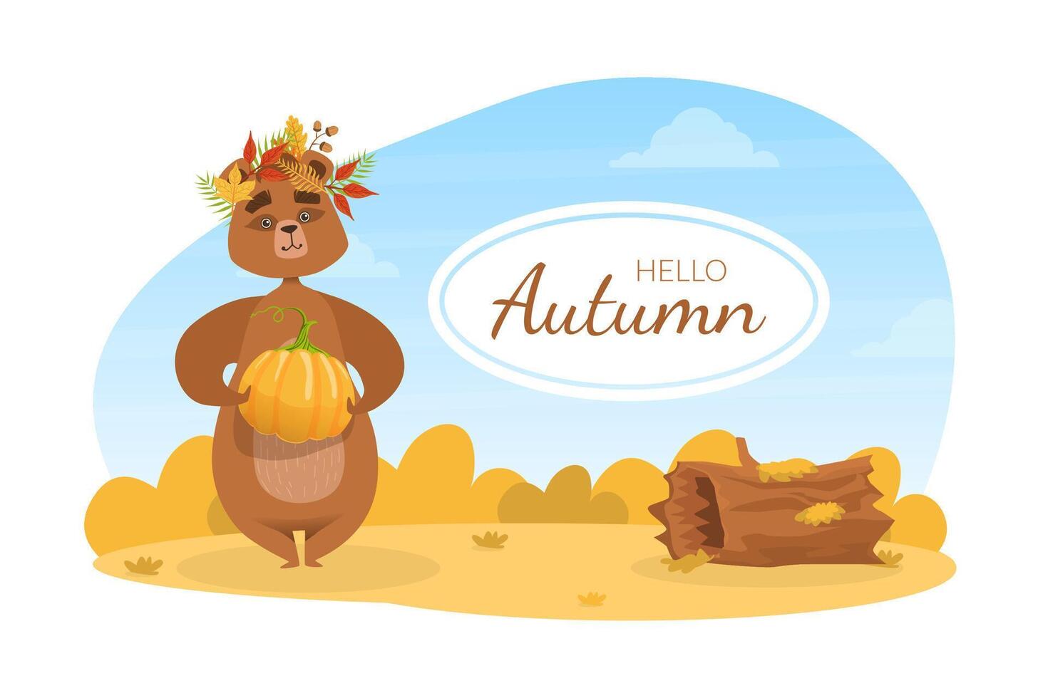 Hello Autumn Banner Template, Cute Brown Bear in Wreath of Colorful Leaves Standing with Pumpkin on Autumn Landscape Illustration vector