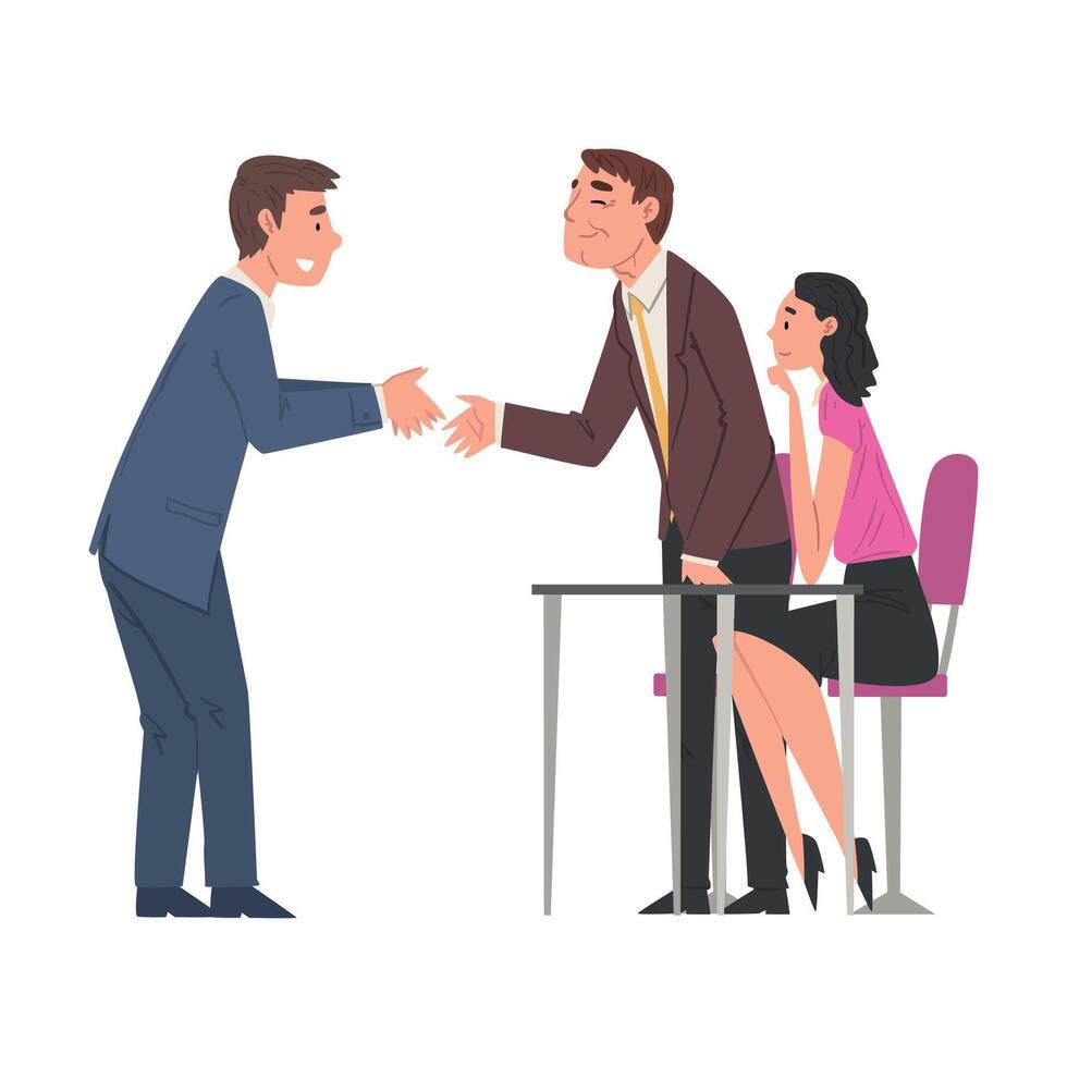 Man in Suit Having Job Interview, HR Specialists Talking with Candidate, Business Meeting, Recruitment and Employment Process Illustration vector
