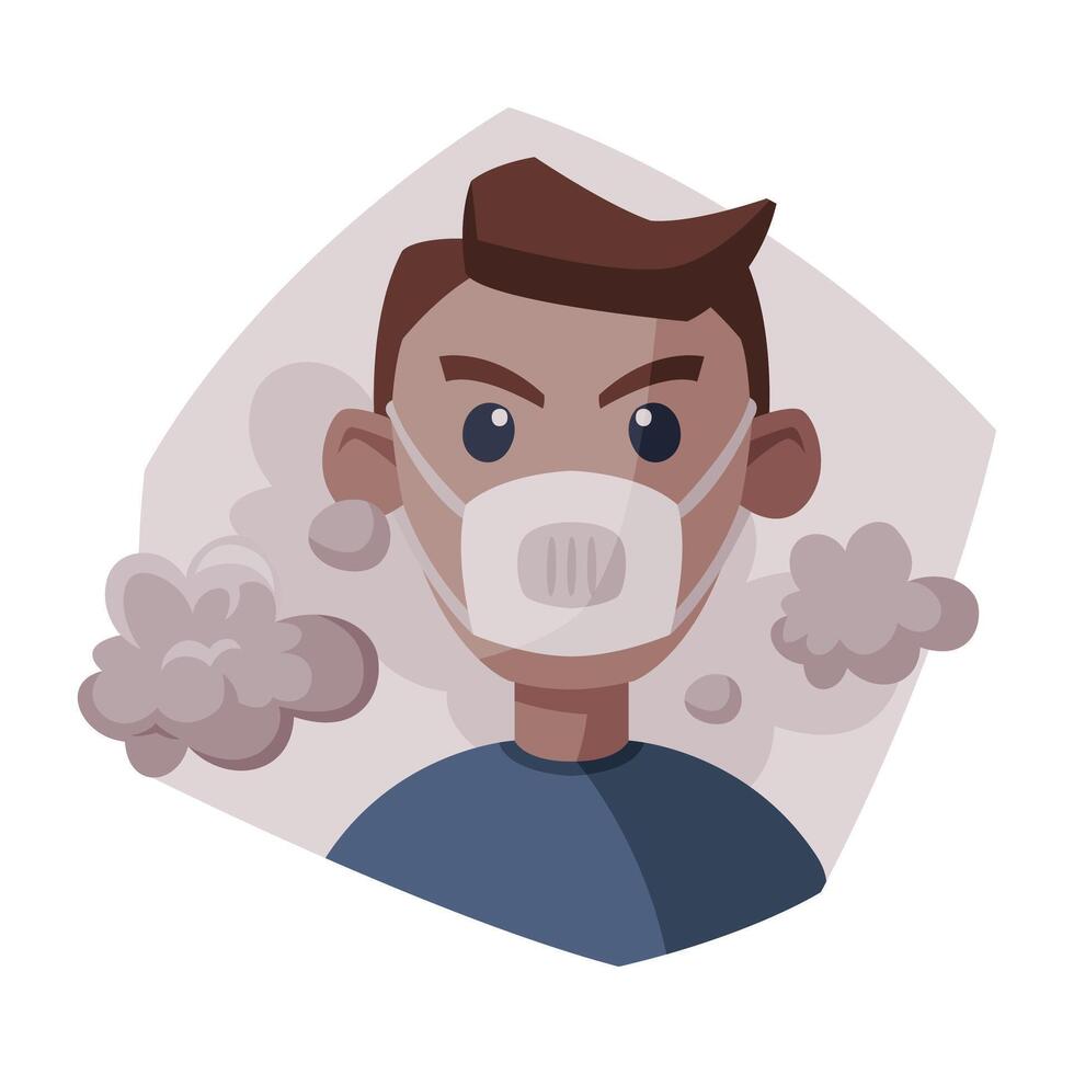 Man Wearing Protective Face Mask, People Suffering from Fine Dust and Industrial Smog, Ecological Problems, Air Pollution Illustration vector