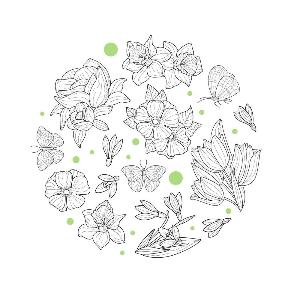 Spring Flowers of Circular Shape, Wild Meadow Plants and Leaves Banner Template Hand Drawn Illustration vector