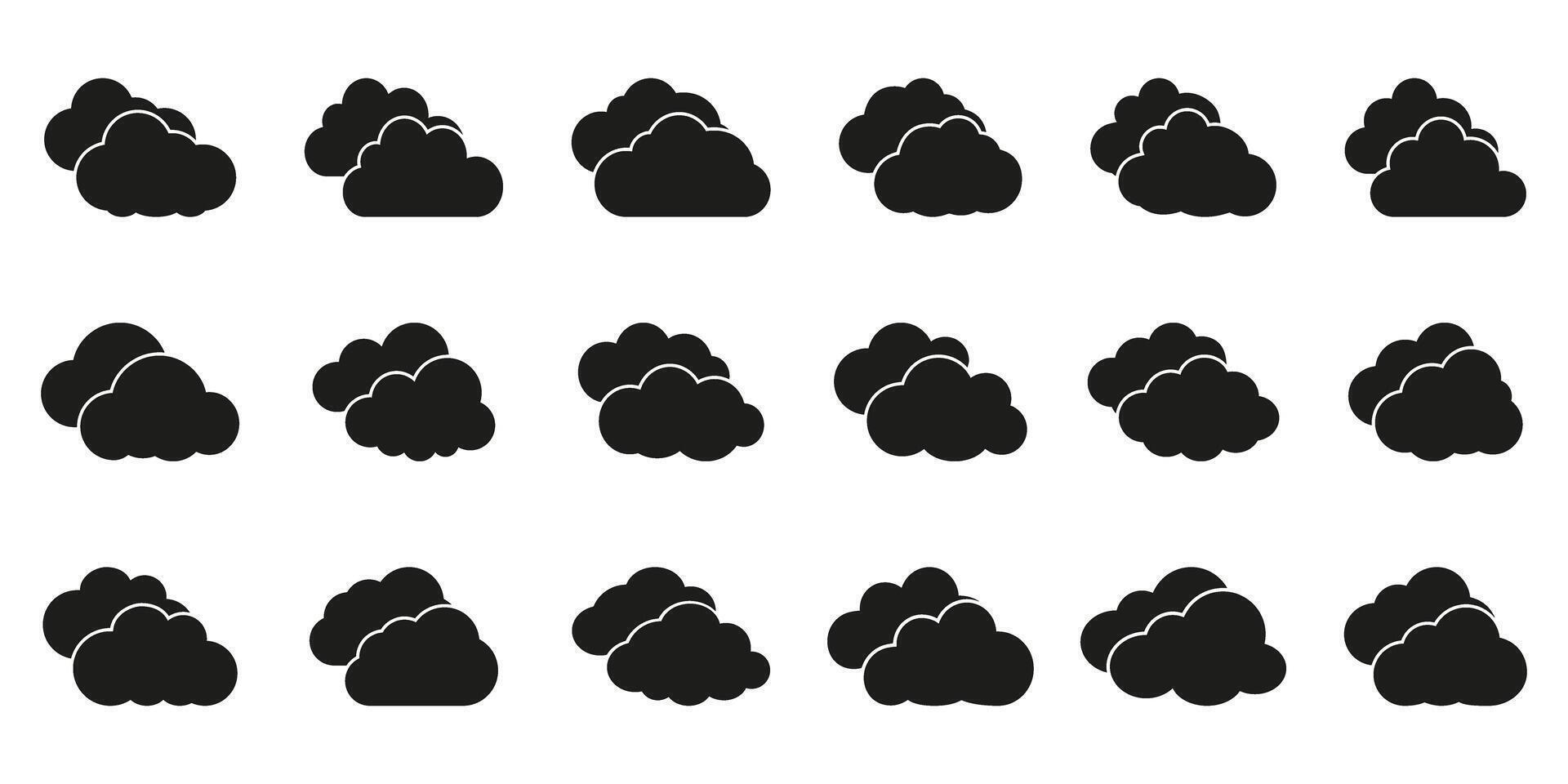 Cloud formation and weather solid icon set. Atmospheric elements and sky conditions silhouette symbol collection. Isolated illustration vector