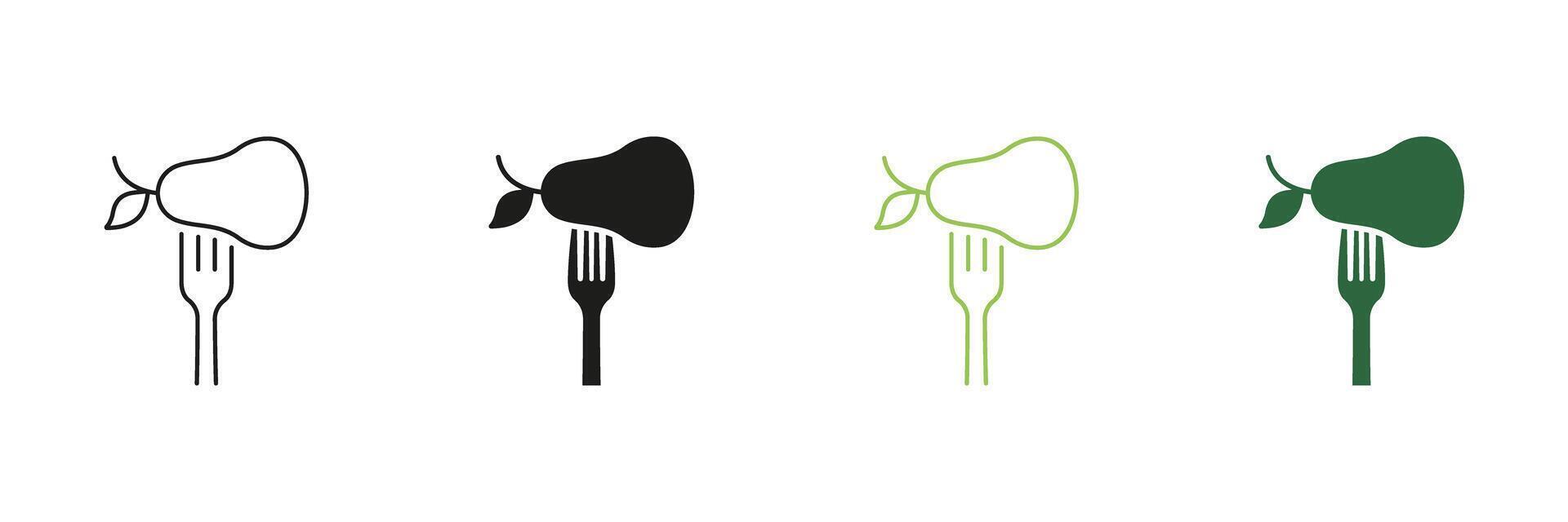 Fork With Pear Line and Silhouette Icon Set. Healthy Food And Vegan Diet Concept. Nutrition And Wellness, Nutritious Plant-Based Food Choices. Editable Stroke. Isolated Illustration vector
